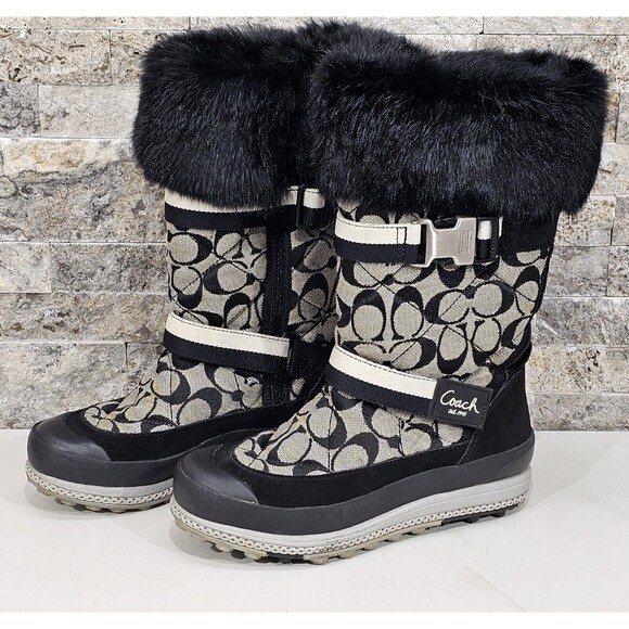 Coach Mariette Winter Boots Black Quilted Jacquard Logo Rabbit Fur Buckle Size 6 - Picture 1 of 11
